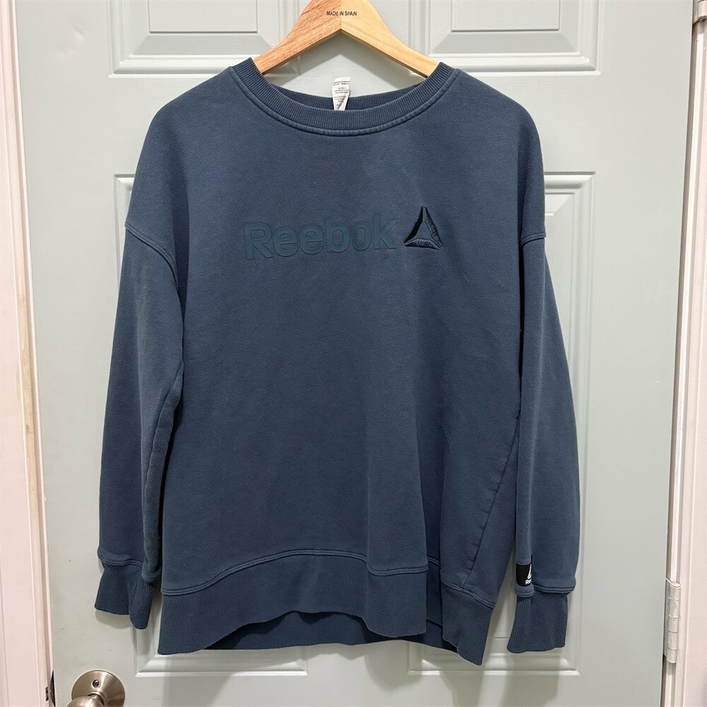Reebok Sweatshirt Mens Size L Blue Teal Crewneck Pullover Embossed Logo